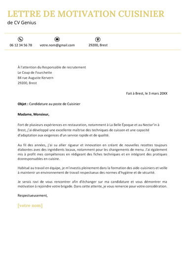 un exemple d'une lettre de motivation pour cuisinier simple et impactante