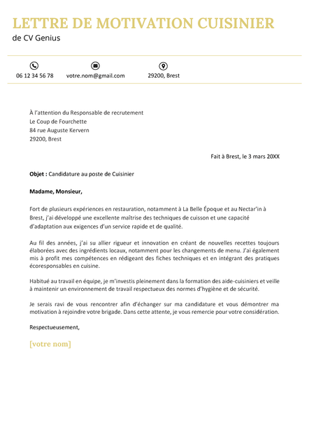 un exemple d'une lettre de motivation pour cuisinier simple et impactante