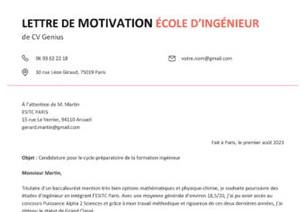 un exemple d'un modèle de lettre de motivation pour une école d'ingénieur avec un en-tête de couleur noir et corail