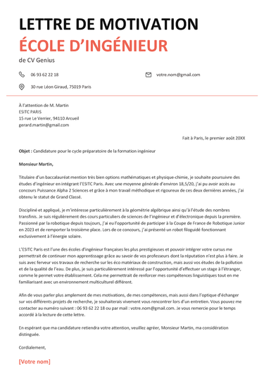 un exemple d'un modèle de lettre de motivation pour une école d'ingénieur avec un en-tête de couleur noir et corail