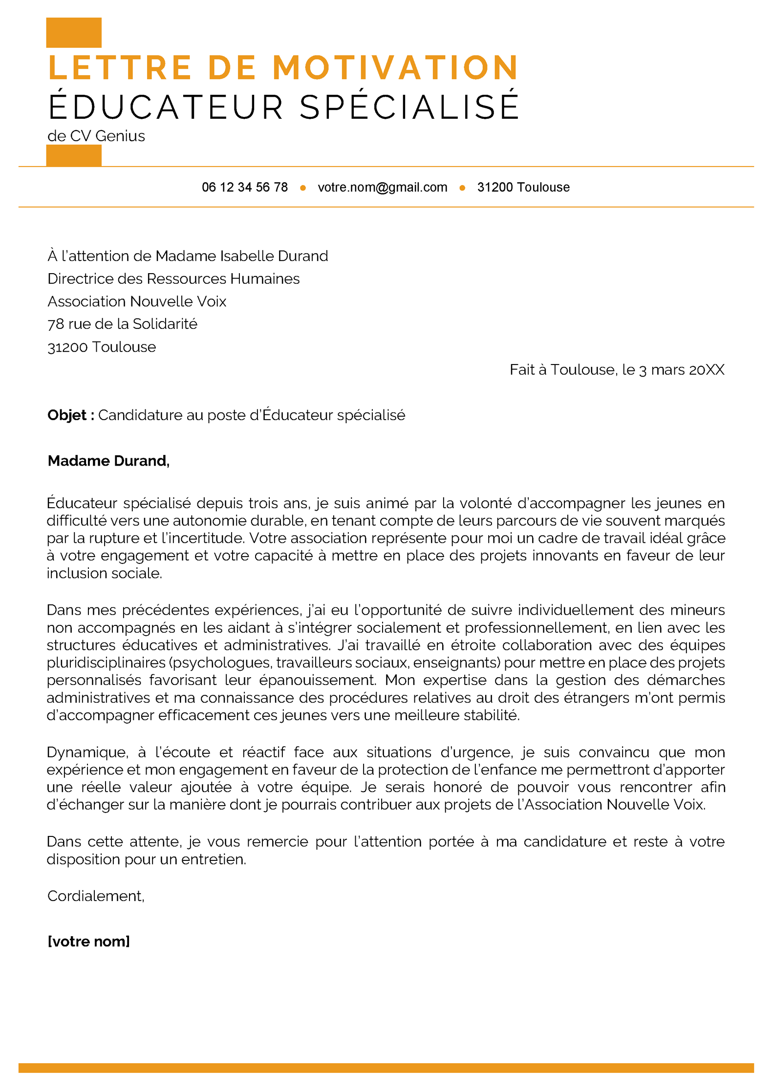 un exemple d'une lettre de motivation éducateur spécialisé forte et impactante