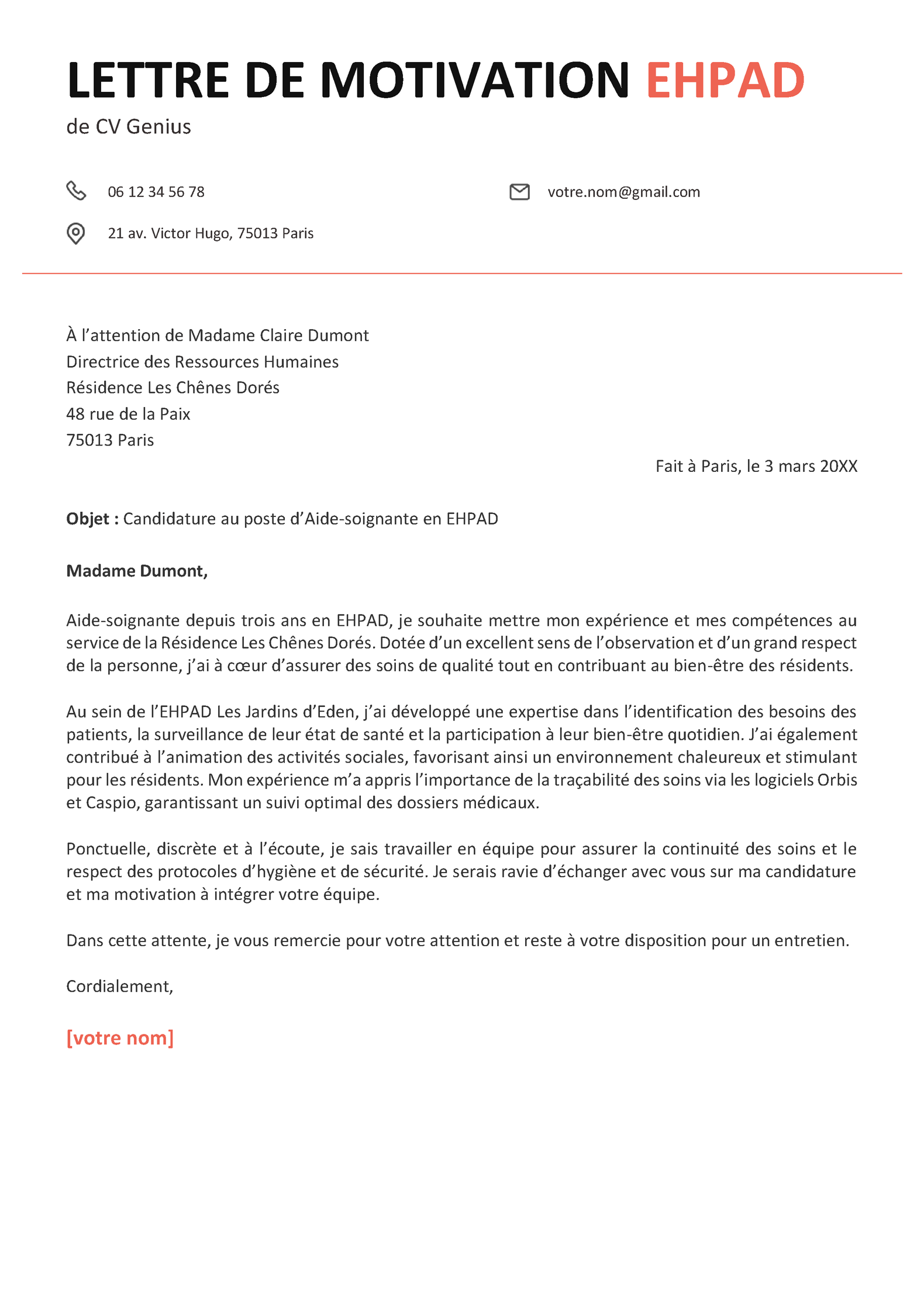 un exemple d'une lettre de motivation EHPAD simple et impactante