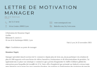 un exemple d'un modèle de lettre de motivation pour manager avec un en-tête bleu clair