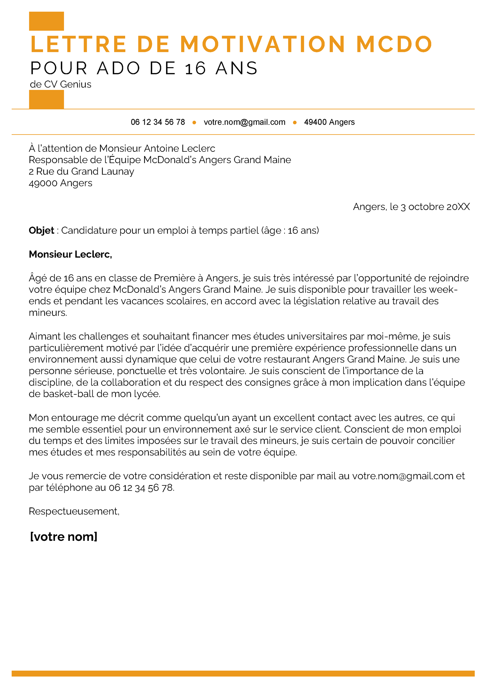 Exemple de lettre de motivation McDo personnalisée pour un étudiant de 16 ans