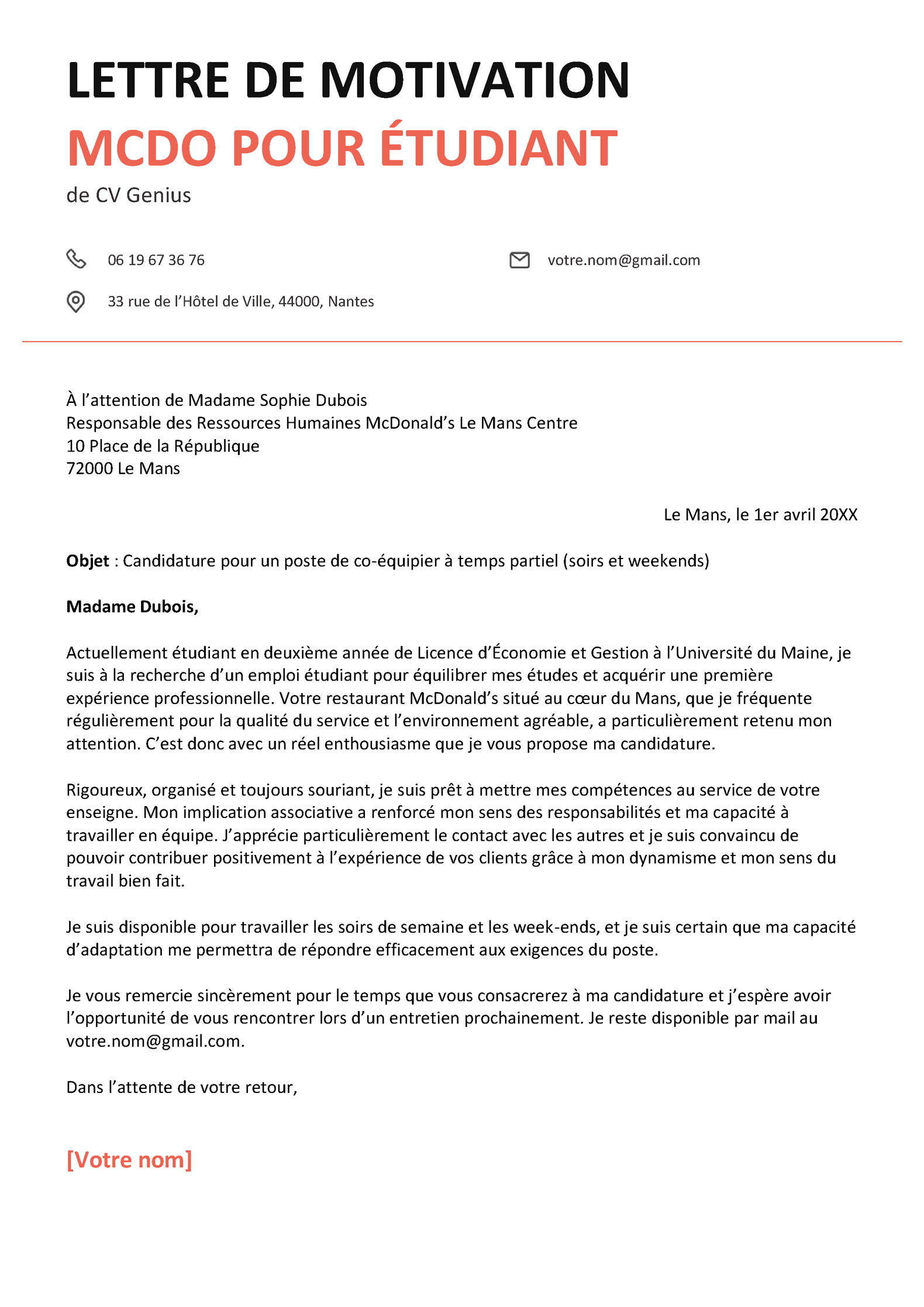 Exemple de lettre de motivation McDo personnalisée pour un étudiant