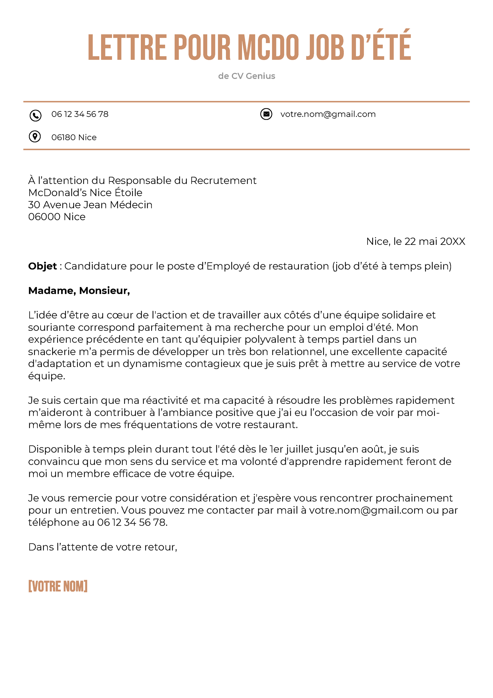 Exemple de lettre de motivation McDo personnalisée pour un candidat cherchant un job d