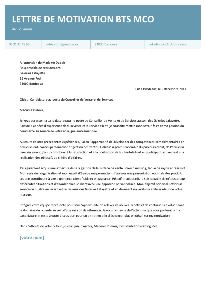 Modèle et exemples de lettre de motivation BTS MCO — free download