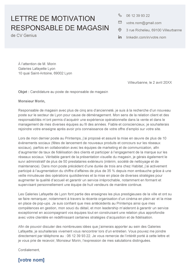 exemple d'une lettre de motivation responsable de magasin avec un en-tête clair