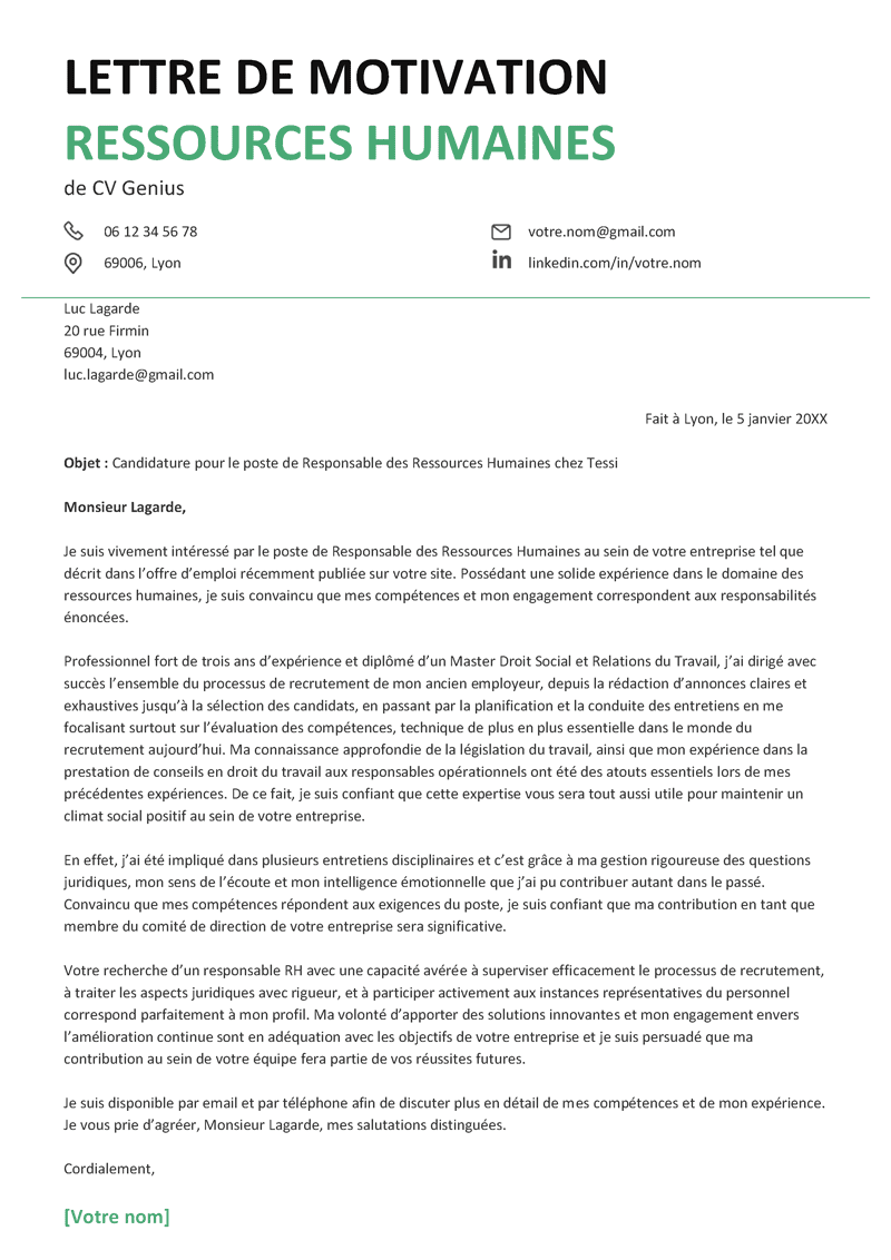 exemple d'un modèle de lettre de motivation ressources humaines avec un en-tête de couleur noir et vert