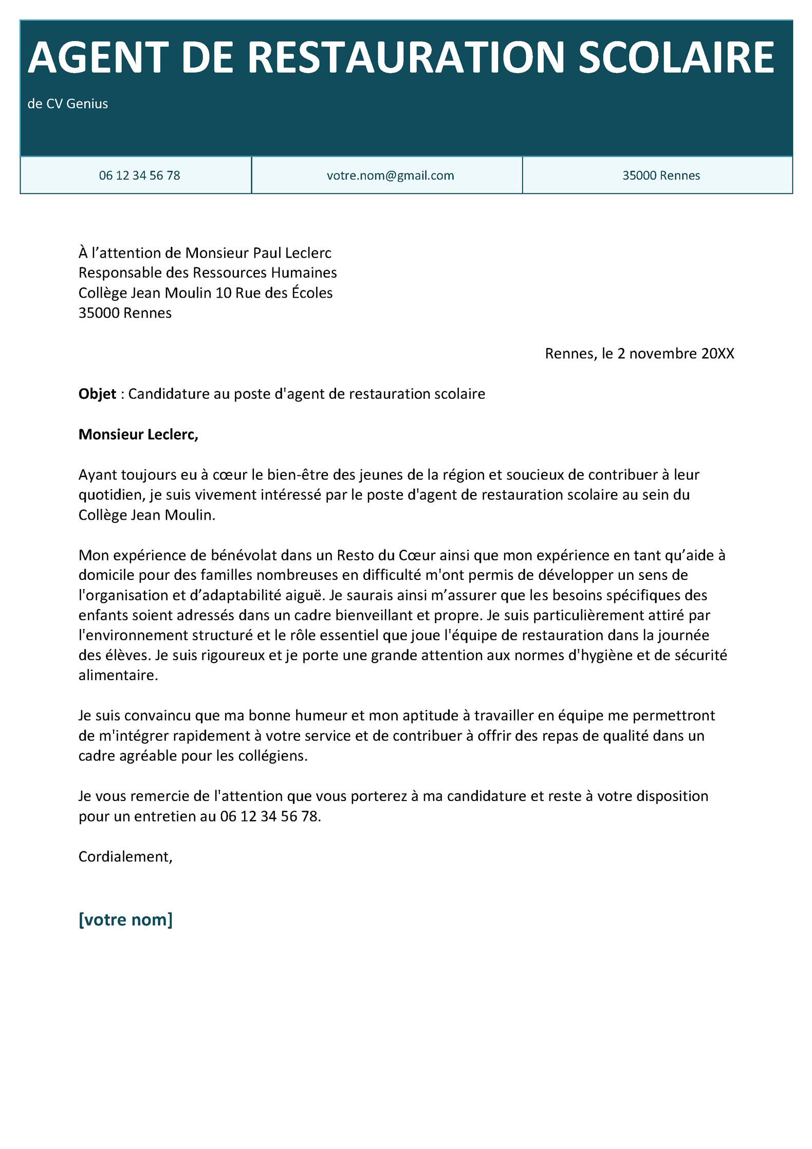 Exemple de lettre de motivation en restauration pour le poste d