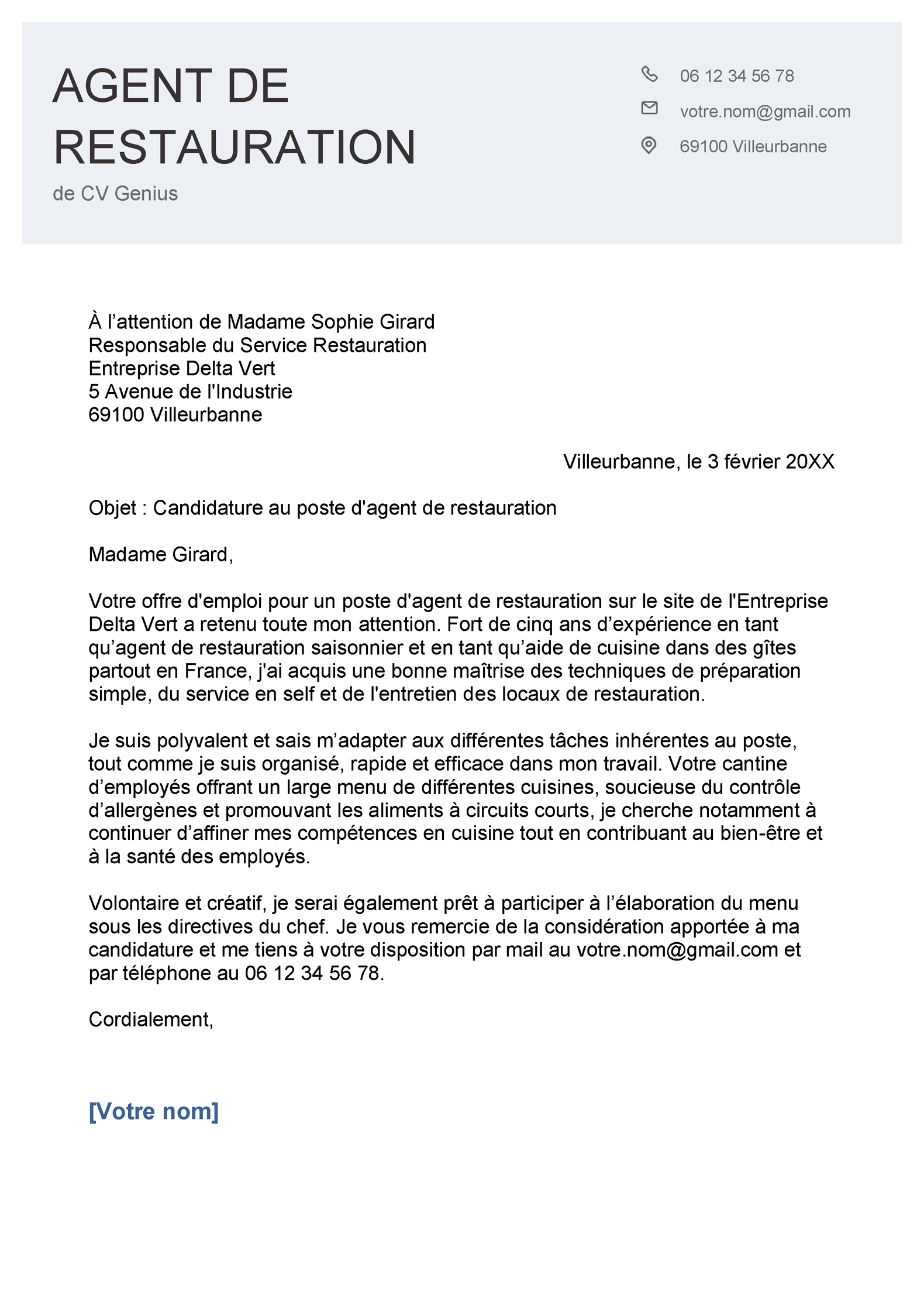 Exemple de lettre de motivation en restauration pour le poste d