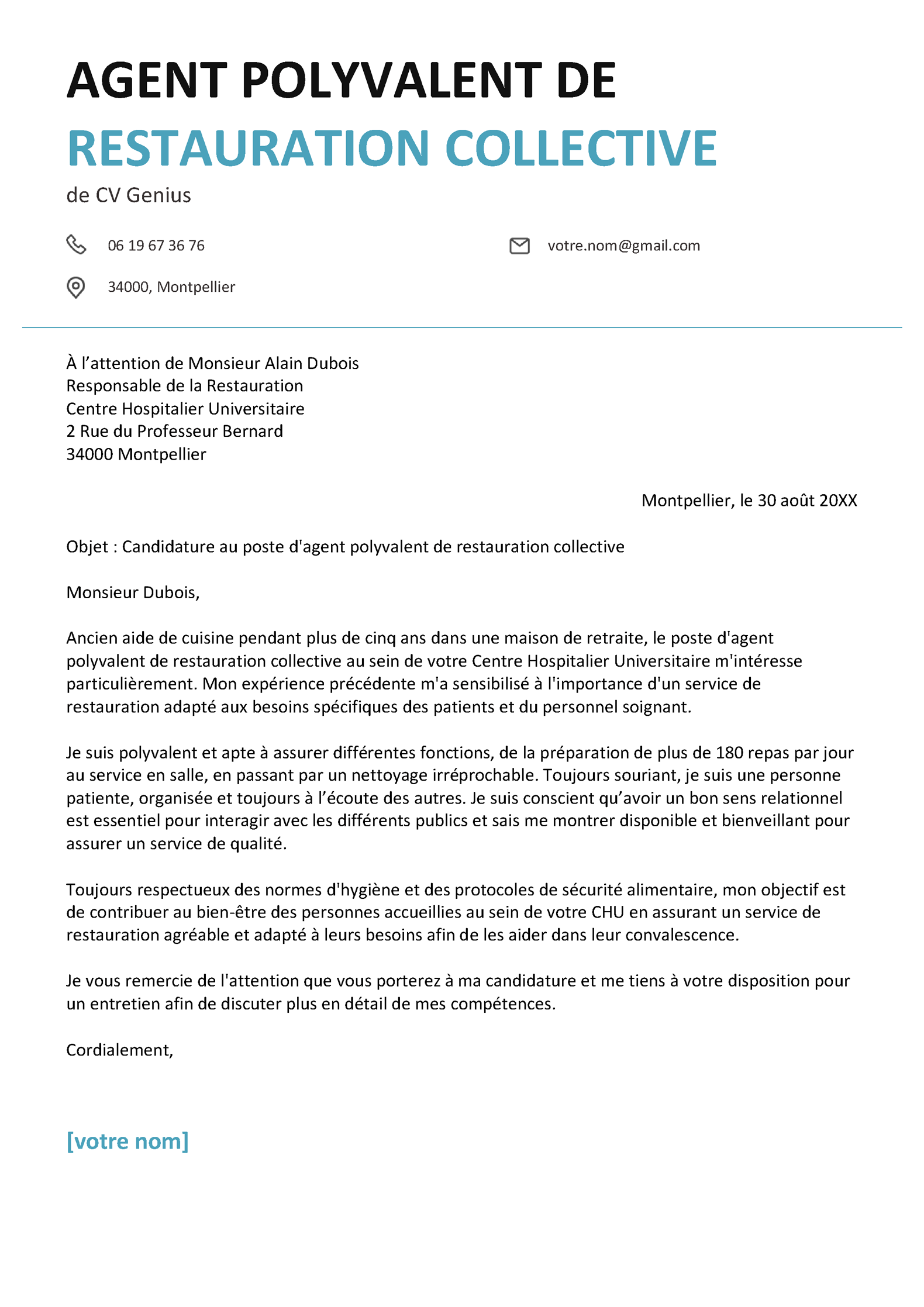 Exemple de lettre de motivation en restauration pour le poste d