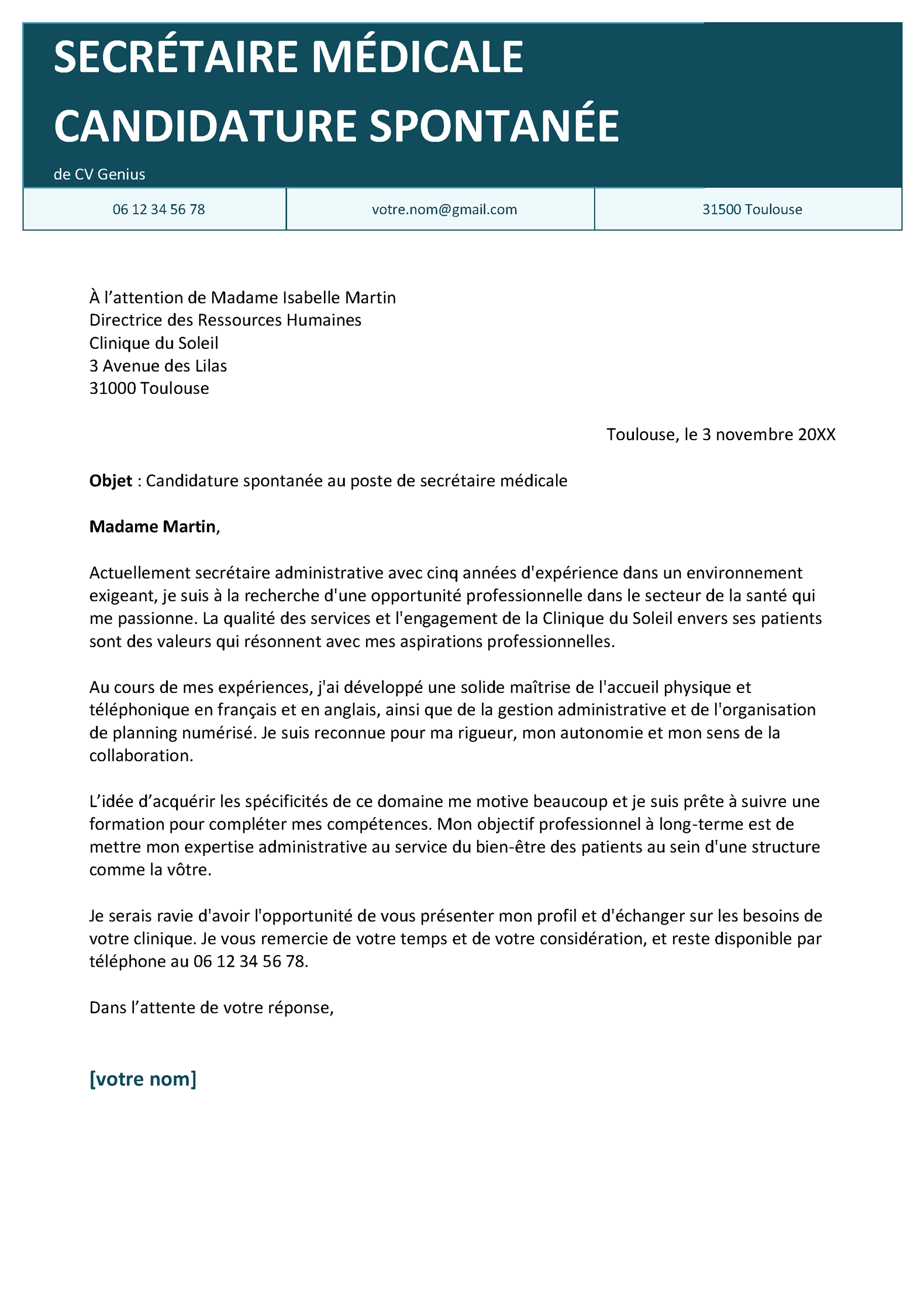 Exemple de lettre de motivation secrétaire médicale en candidature spontanée