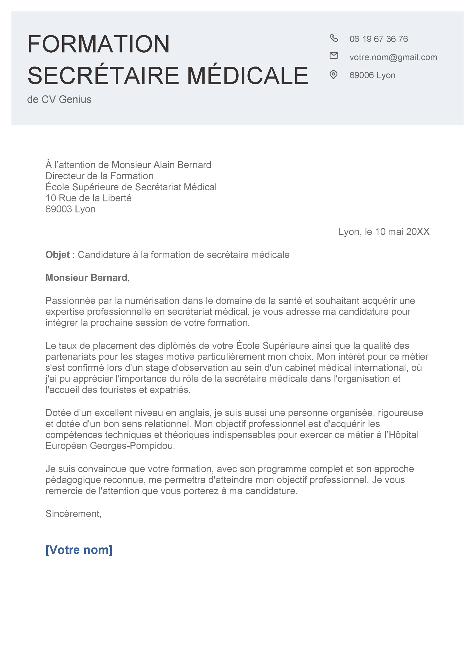 Exemple de lettre de motivation pour une formation secrétaire médicale personnalisée