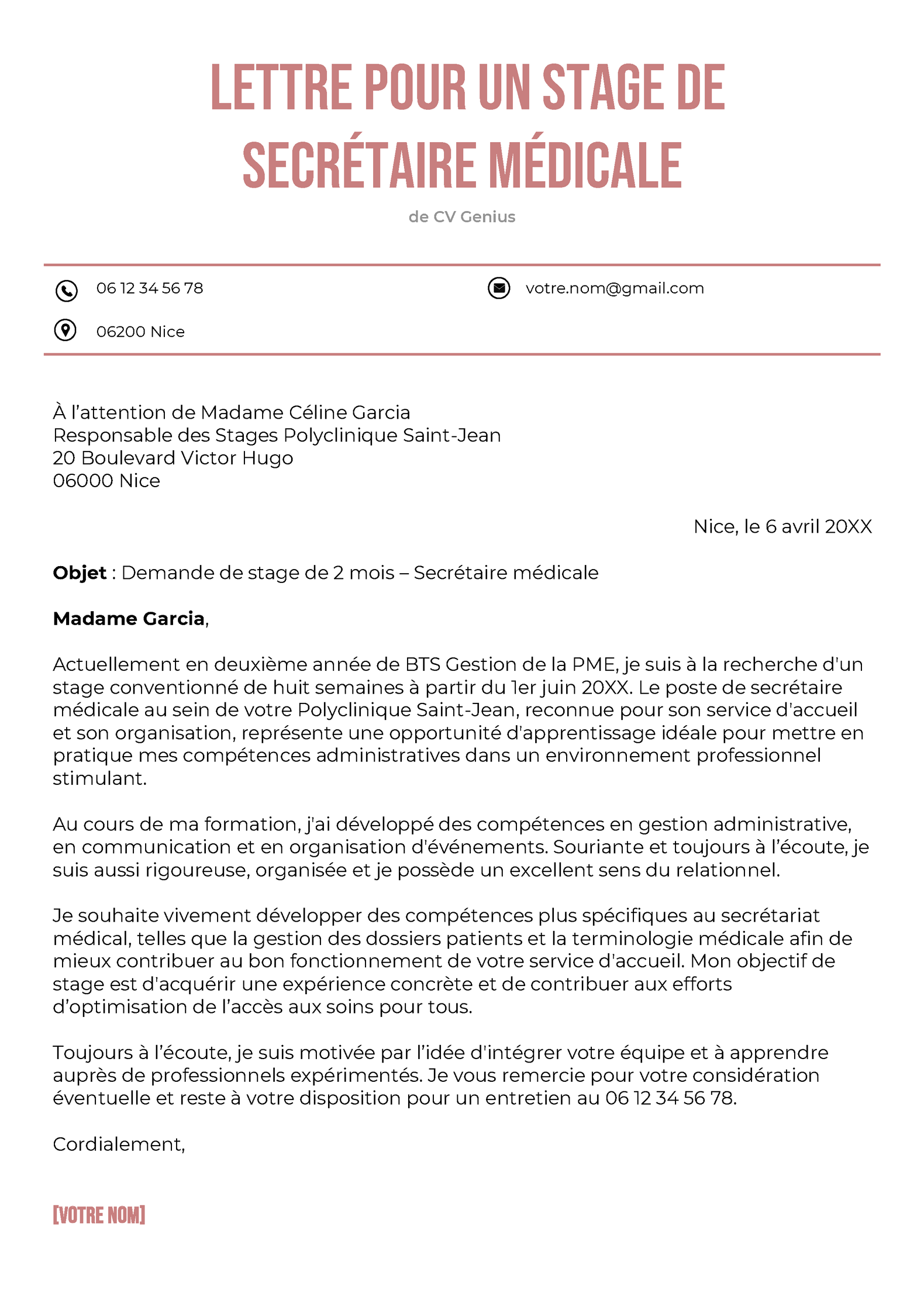 Exemple de lettre de motivation pour un stage en tant que secrétaire médicale