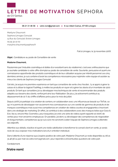 exemple d'un modèle de lettre de motivation Sephora pour un poste de conseillère