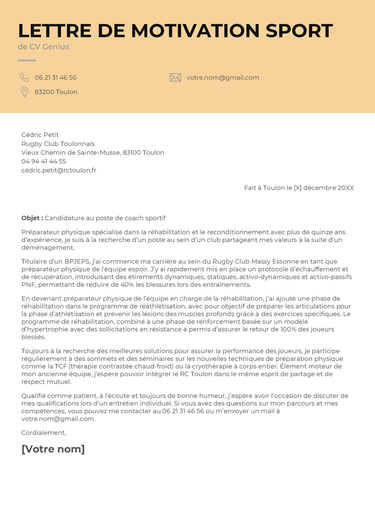 un exemple d'une lettre de motivation sport pour un coach sportif avec un en-tête de couleur jaune