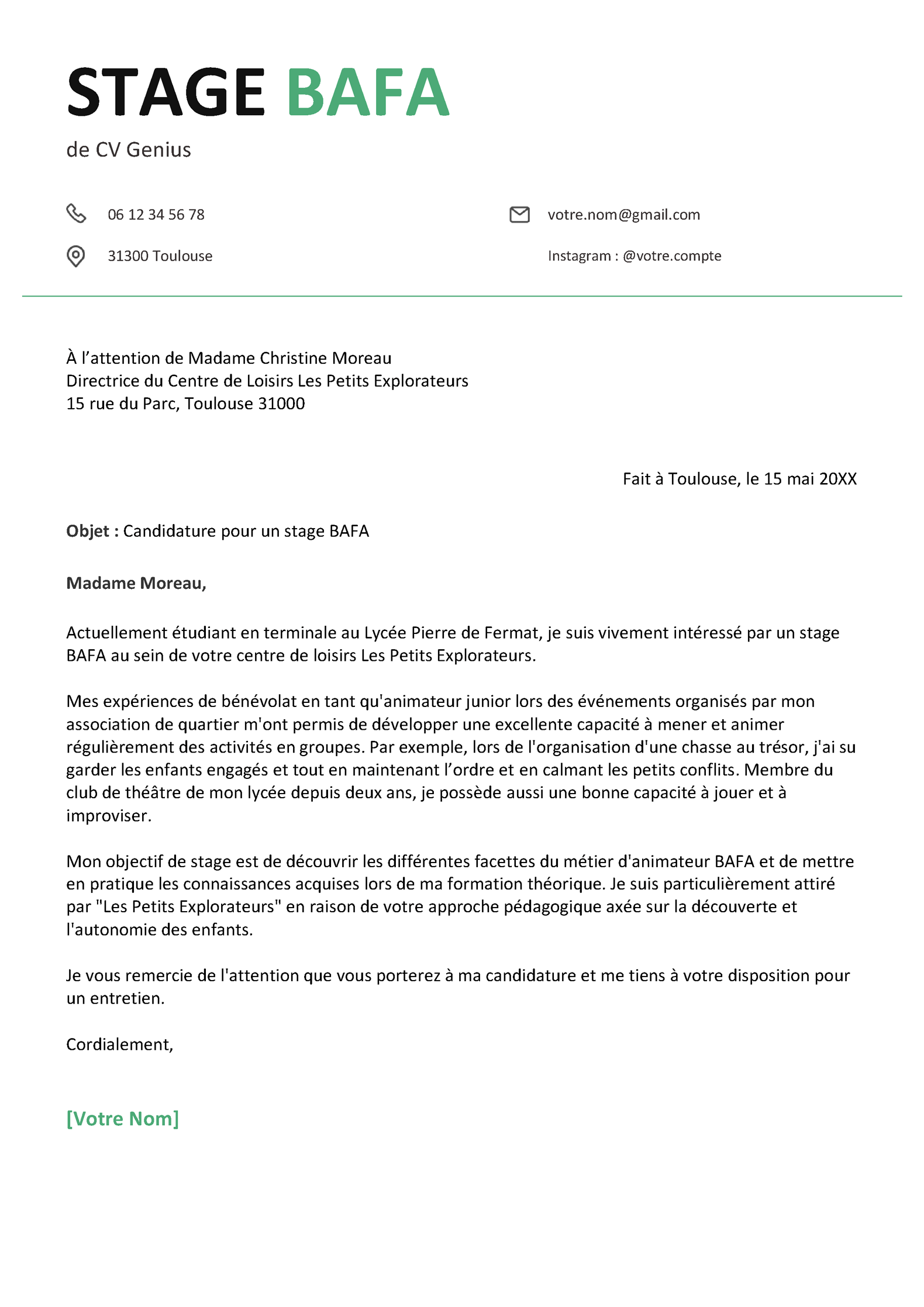 exemple d'une lettre de motivation pour un stage BAFA