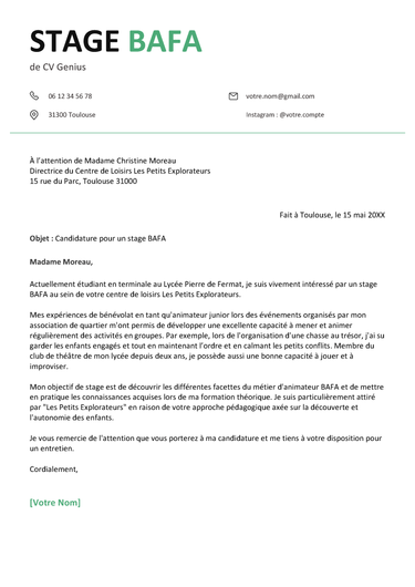 exemple d'une lettre de motivation pour un stage BAFA
