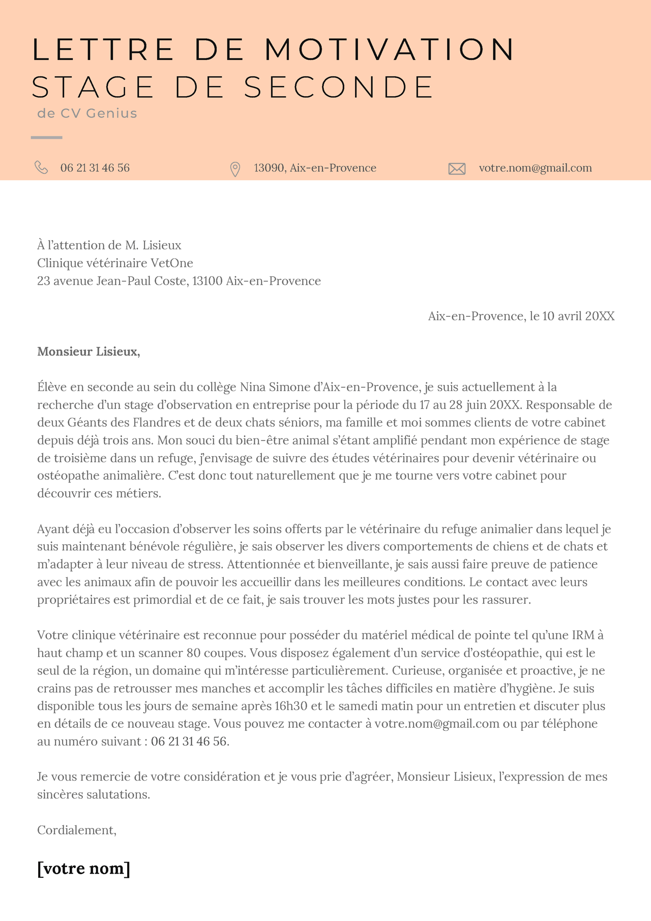 exemple d'une lettre de motivation stage de seconde clair et efficace avec un en-tête bien organisé