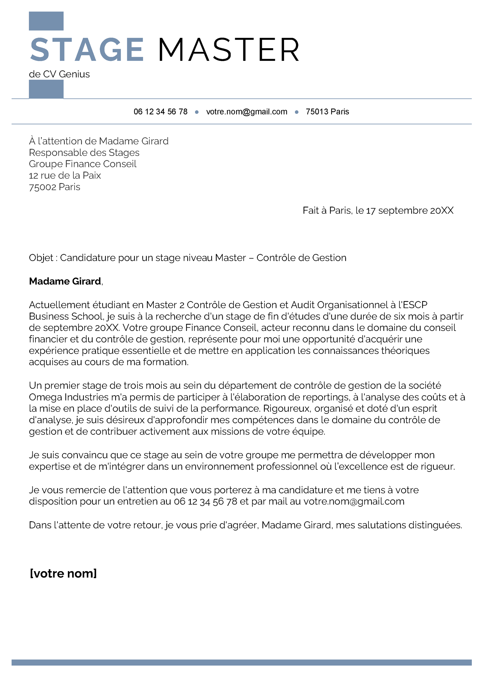 un exemple d'une lettre de motivation pour un stage master
