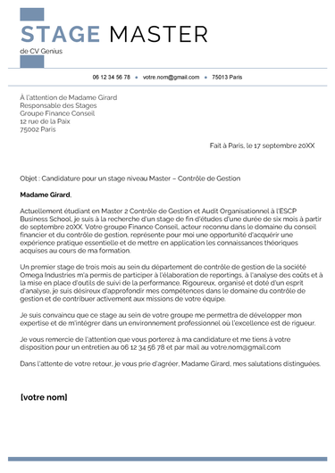 un exemple d'une lettre de motivation pour un stage master