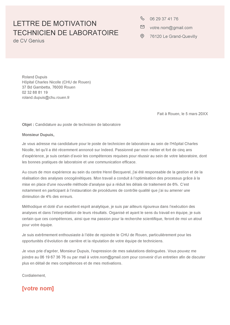 exemple d'un modèle de lettre de motivation de technicien de laboratoire avec un en-tête large pour faire ressortir les coordonnées et le nom du candidat
