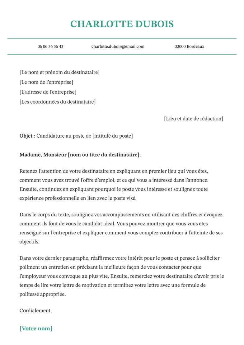 Le modèle de lettre de motivation « Bordeaux » en vert.