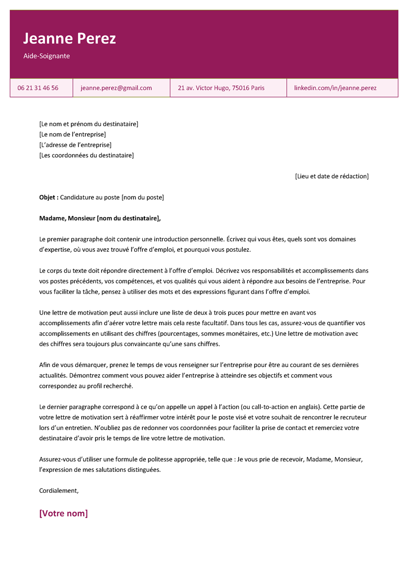 un modèle de lettre de motivation avec un en-tête de couleur magenta