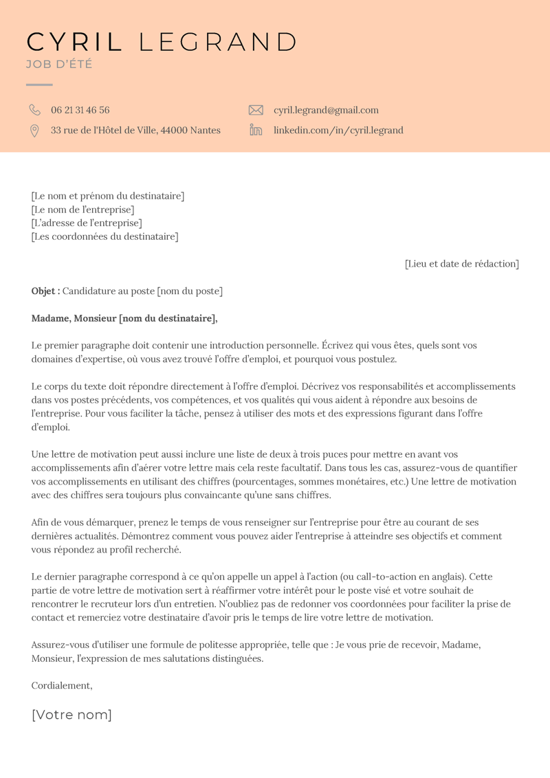 un modèle de lettre de motivation avec un en-tête large de couleur verte