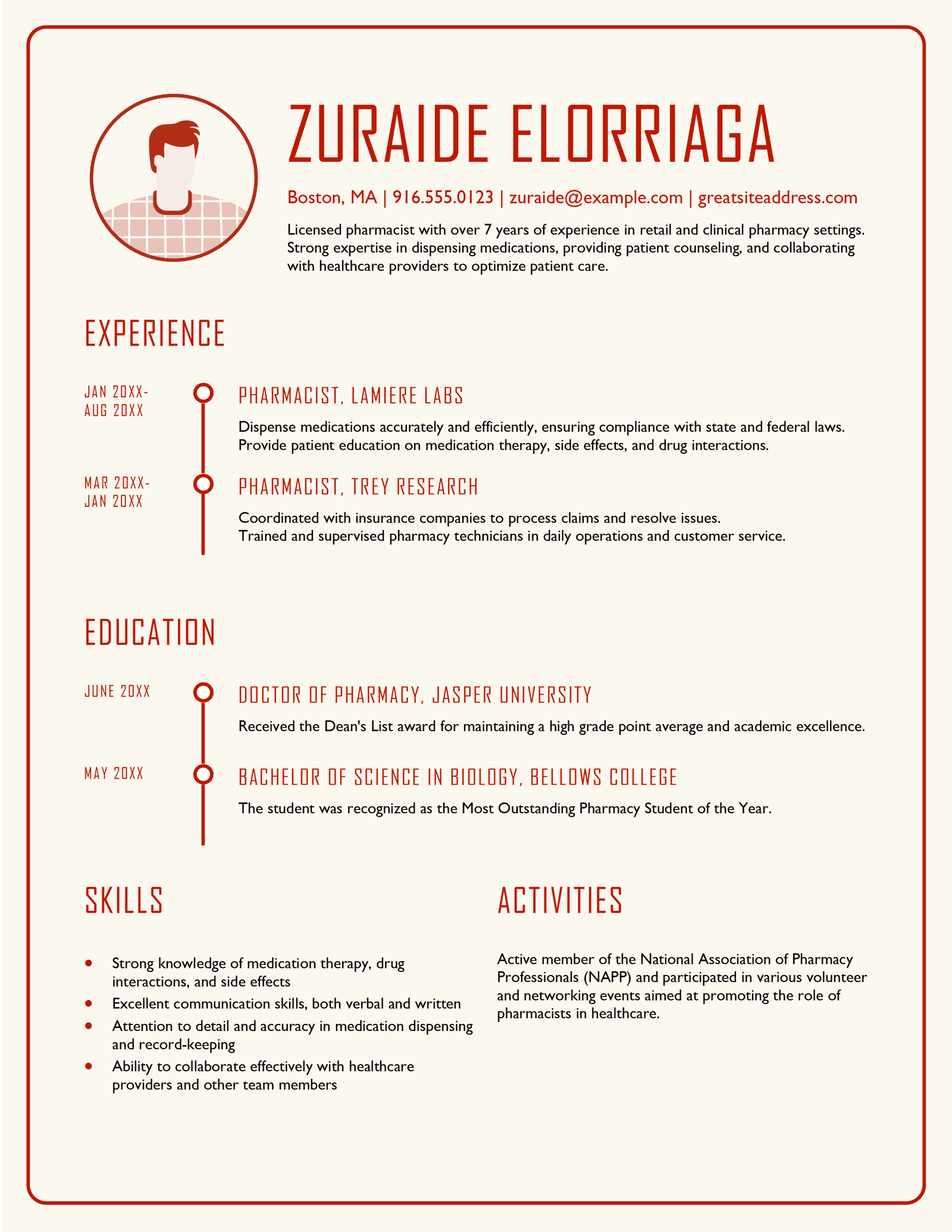 The Modern Chronological CV template from Microsoft Word with a unique design including an off-white background with red headings.