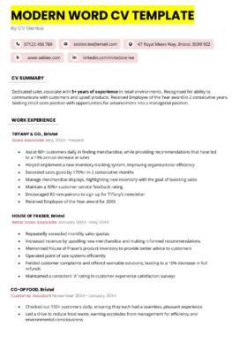 A modern CV template for Word that features a unique 3D effect because of a two-colour border element.