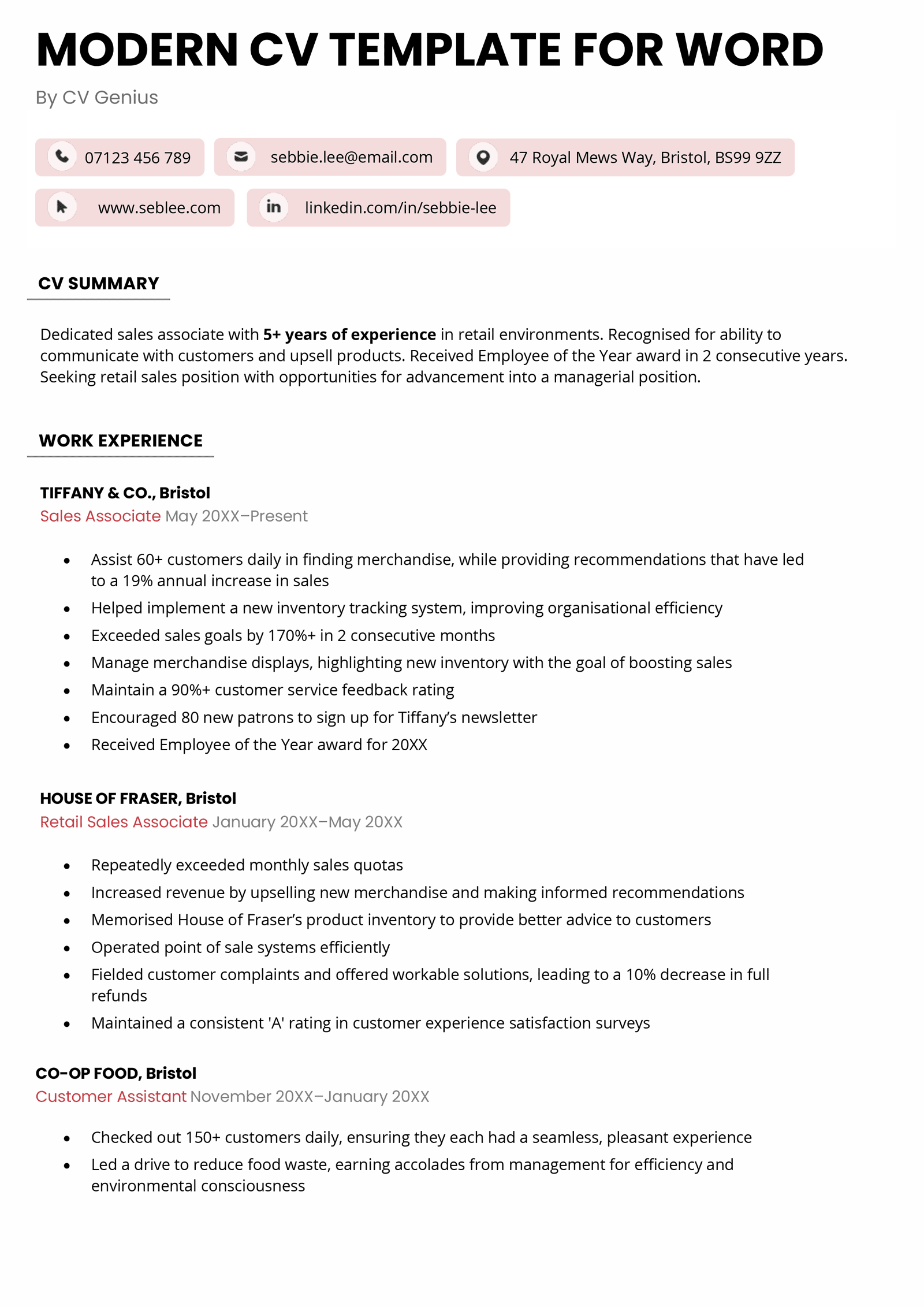 A modern CV template for Word that features a unique 3D effect because of a two-colour border element.