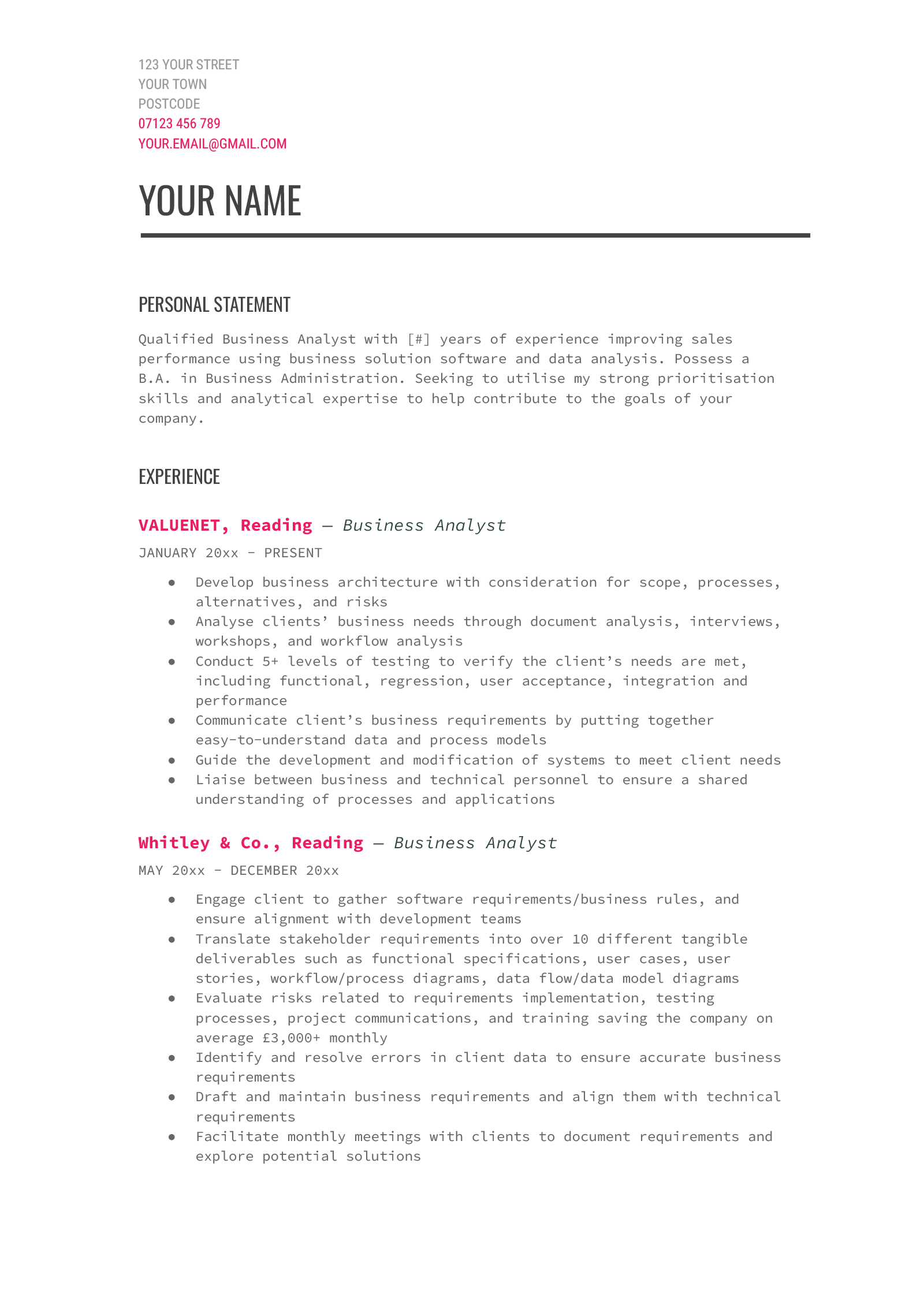 An example of the Modern Writer Google Docs CV template
