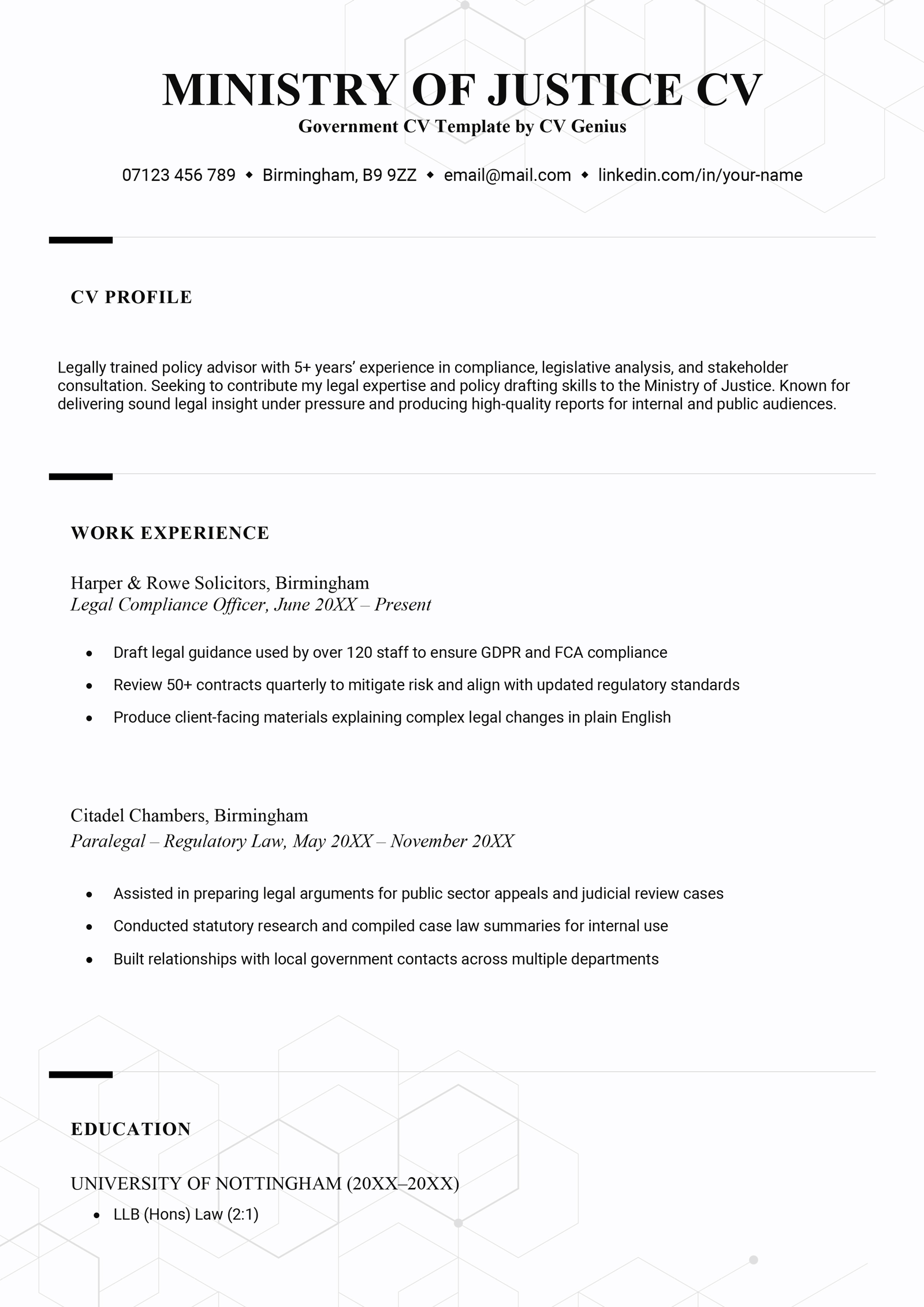 A Ministry of Justice free government CV template.