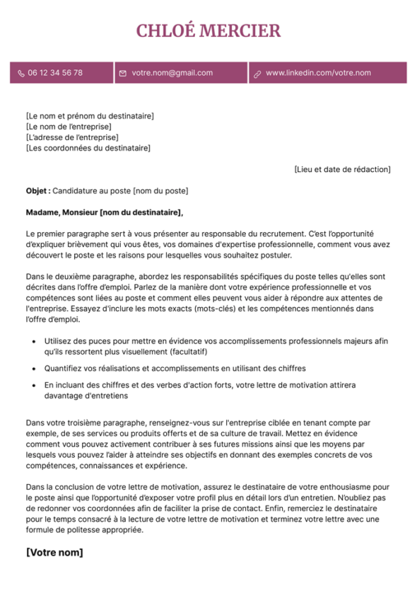 Le modèle lettre de motivation LibreOffice Monceau en magenta