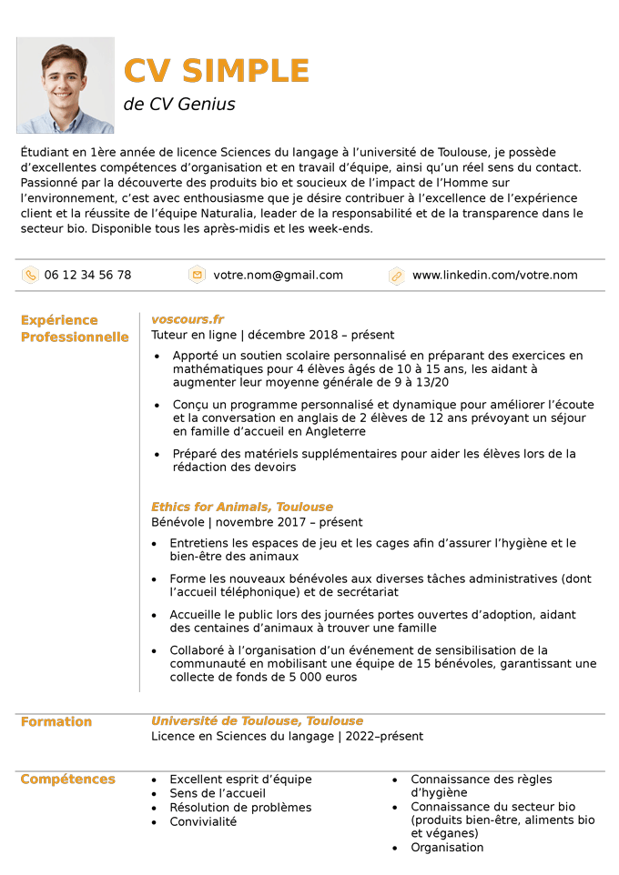 un exemple d'un CV simple Libreoffice avec photo et un en-tête orange pour un étudiant sans expérience
