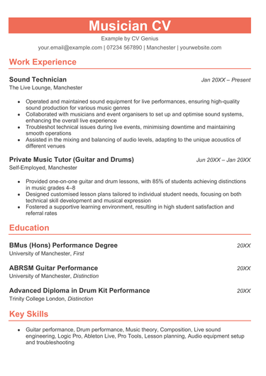 The first page of a musician CV example.