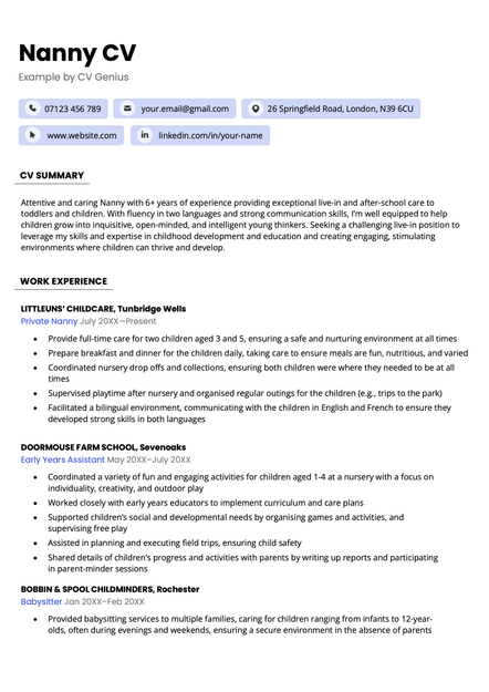 A nanny CV formatted using the blue Bristol template.