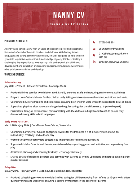 A nanny CV formatted using the red Chester template.