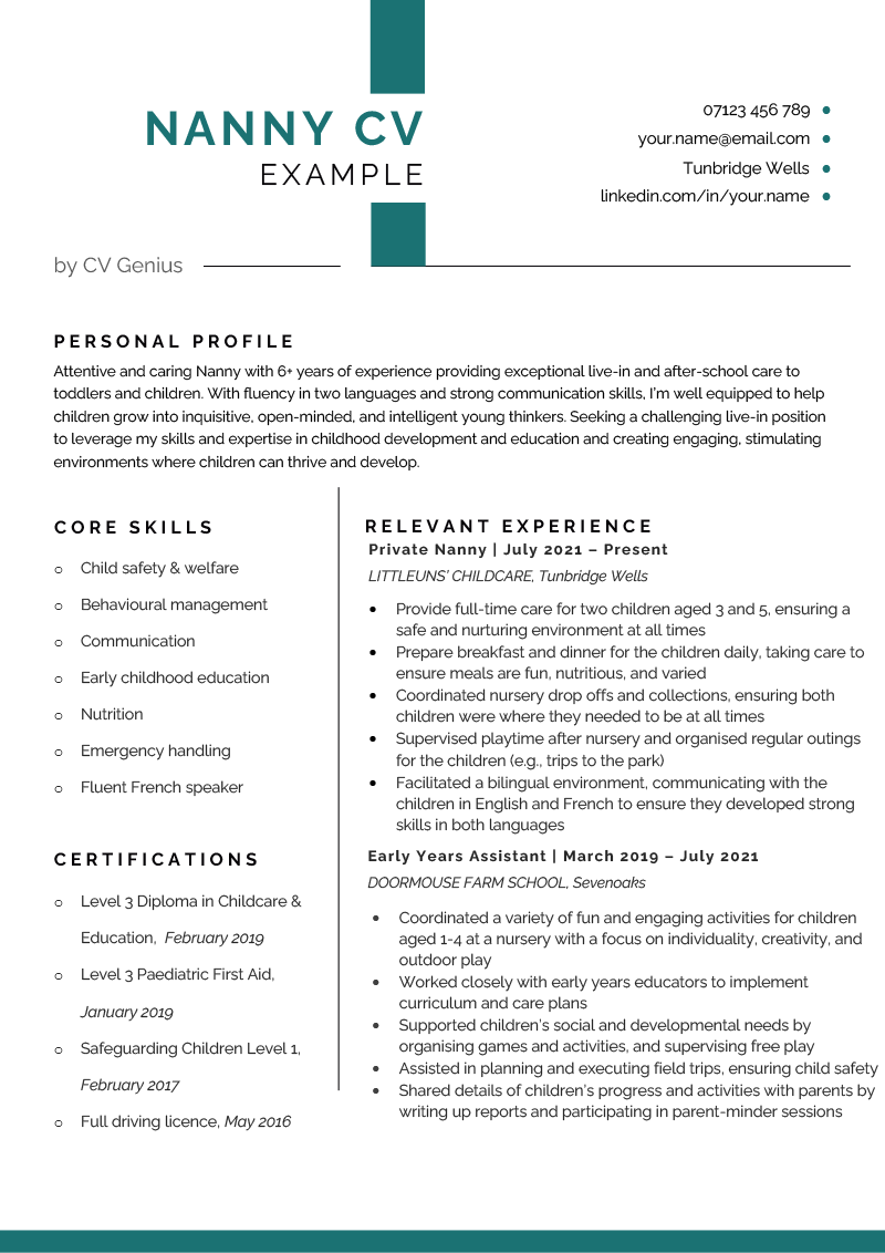 An example nanny CV with a bold turquoise stripe highlighting the header and several sections outlining the applicants skills and childcare experience.