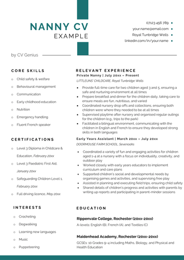 An example nanny CV with a bold turquoise stripe highlighting the header and several sections outlining the applicants skills and childcare experience.