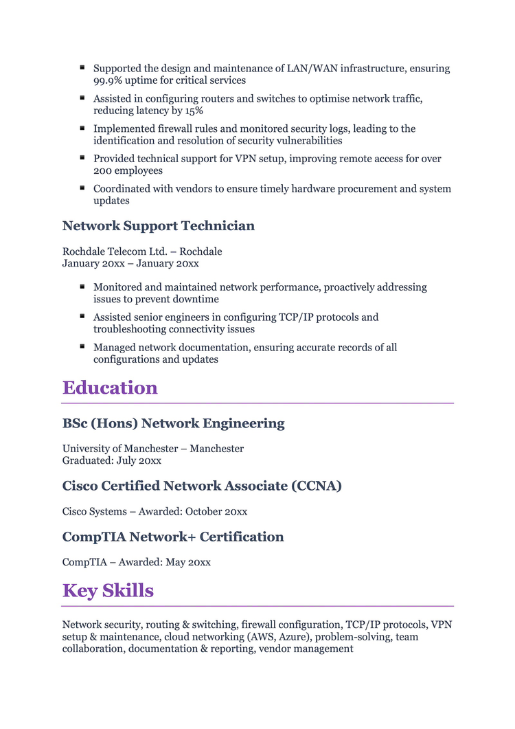 Network Engineer CV Example with Expert Writing Tips