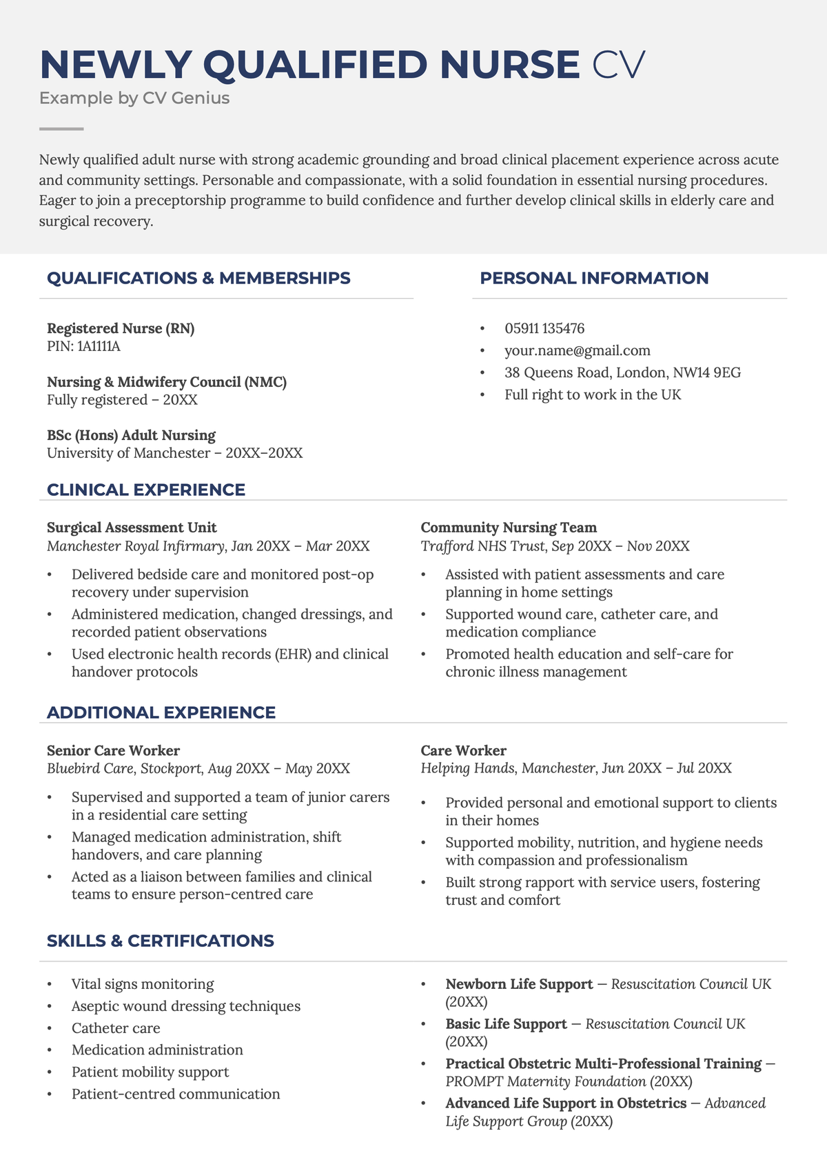 An example CV for a newly-qualified nurse