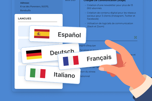 une image d'une main ajoutant à la rubrique langues d'un CV des étiquettes de langues représentées par des drapeaux