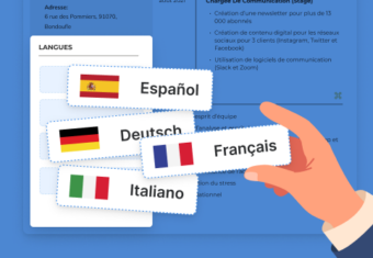 une main ajoute des étiquettes de langues représentées par des drapeaux à la rubrique langues d'un CV