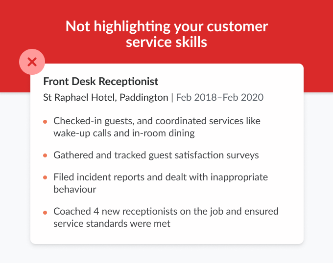 A work experience entry for a hotel receptionist that describes the applicant's previous responsibilities but doesn’t highlight their customer service skills.