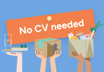 An orange sign reads 'No CV needed' and hands are shown holding up a platter of empty dishes, a box, and a bag of groceries to illustrate the no CV jobs concept.