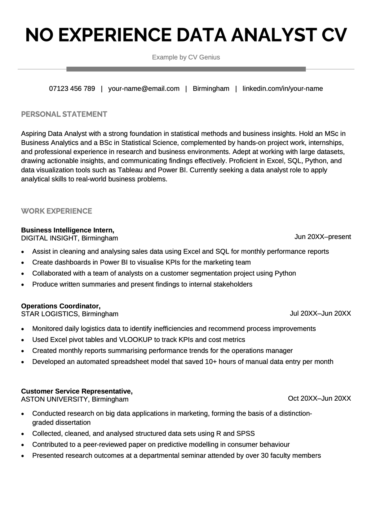 The first page of an entry-level data analyst CV