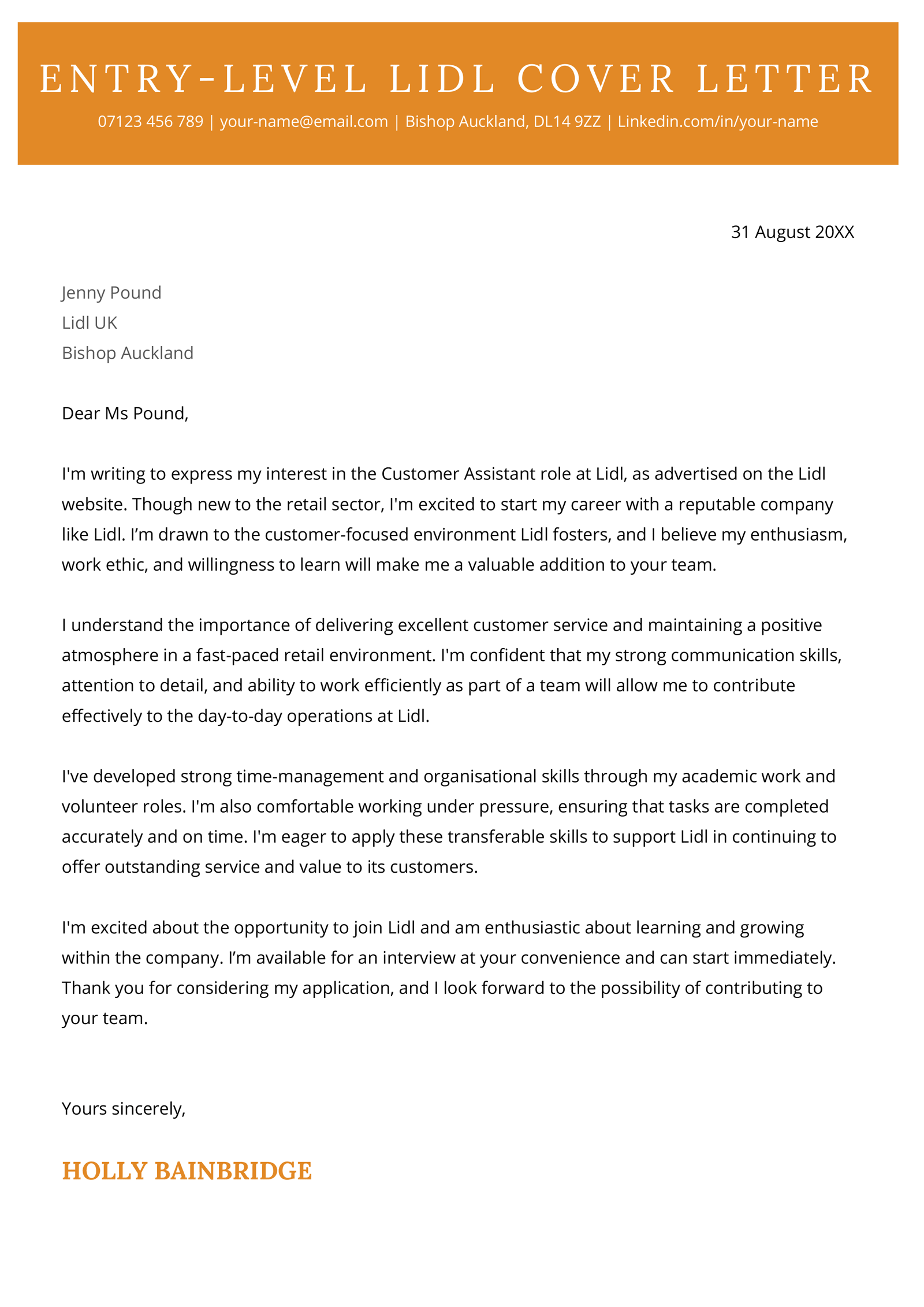 An entry-level Lidl cover letter example.